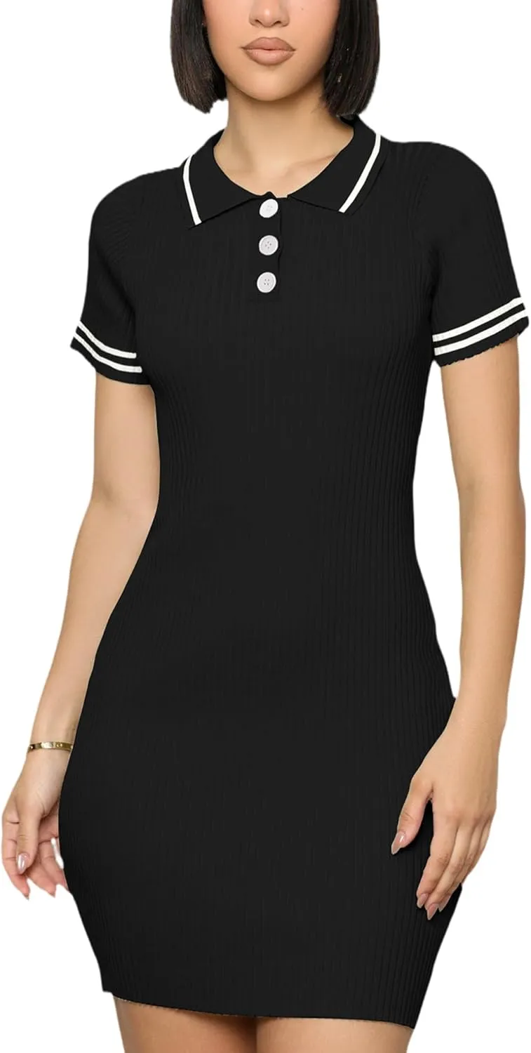 ZERMOM Women's Ribbed Knit Dress Short Sleeve Button Bodycon Elegant Sweater Mini Dresses