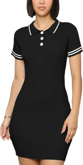 ZERMOM Women's Ribbed Knit Dress Short Sleeve Button Bodycon Elegant Sweater Mini Dresses