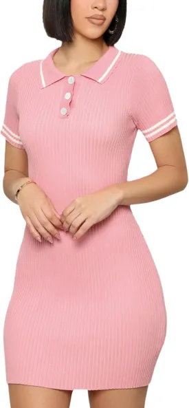 ZERMOM Women's Ribbed Knit Dress Short Sleeve Button Bodycon Elegant Sweater Mini Dresses
