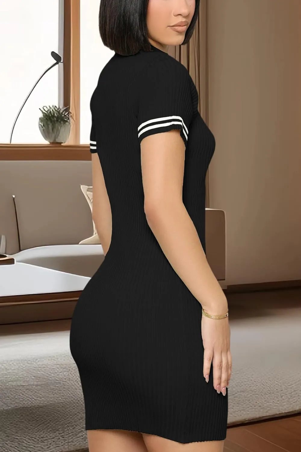 ZERMOM Women's Ribbed Knit Dress Short Sleeve Button Bodycon Elegant Sweater Mini Dresses