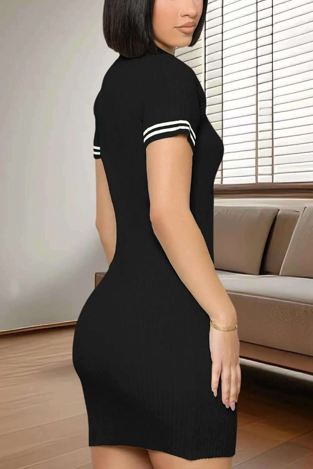ZERMOM Women's Ribbed Knit Dress Short Sleeve Button Bodycon Elegant Sweater Mini Dresses